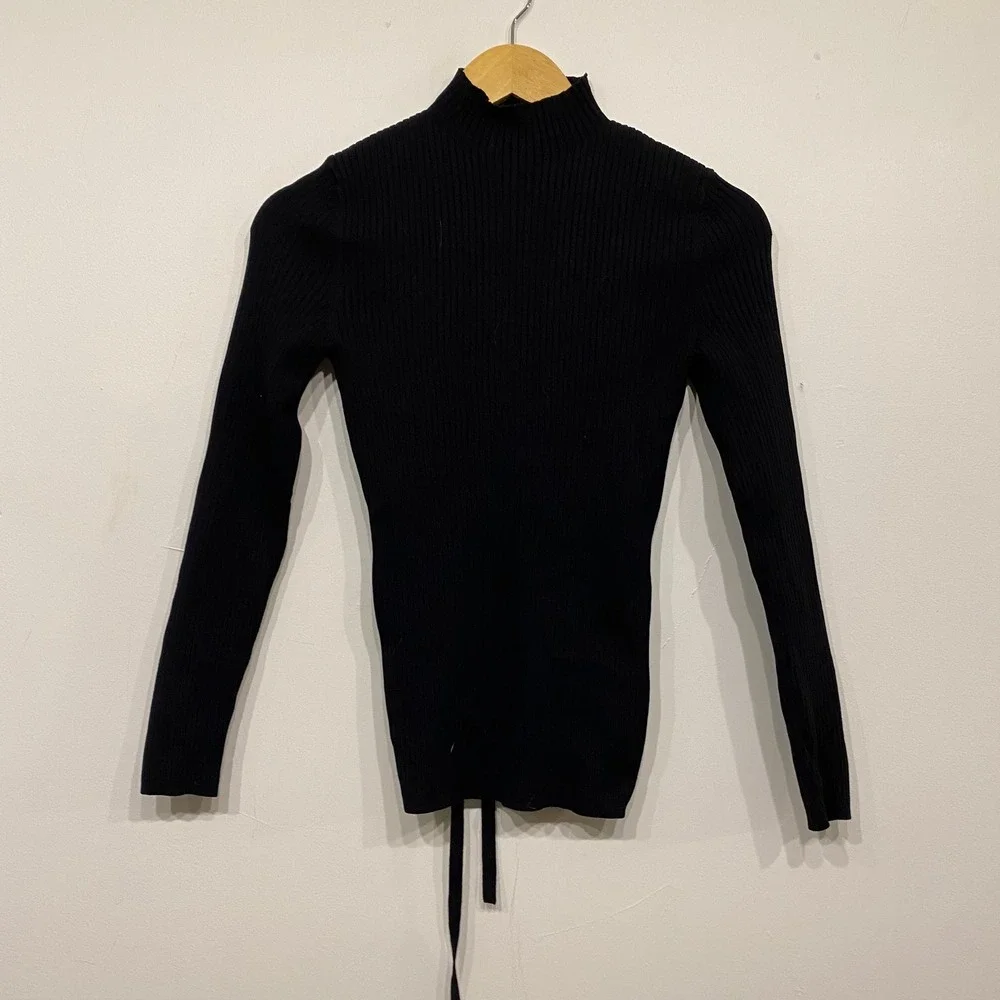 Aritzia Babaton Sculpt Knit Tie-Back Top Black Ribbed Mock Neck Open Back XS